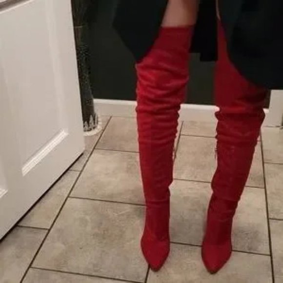 Sexy stretchy suede side zipper thigh high over the knee pointed toe boots - Picture 6 of 8